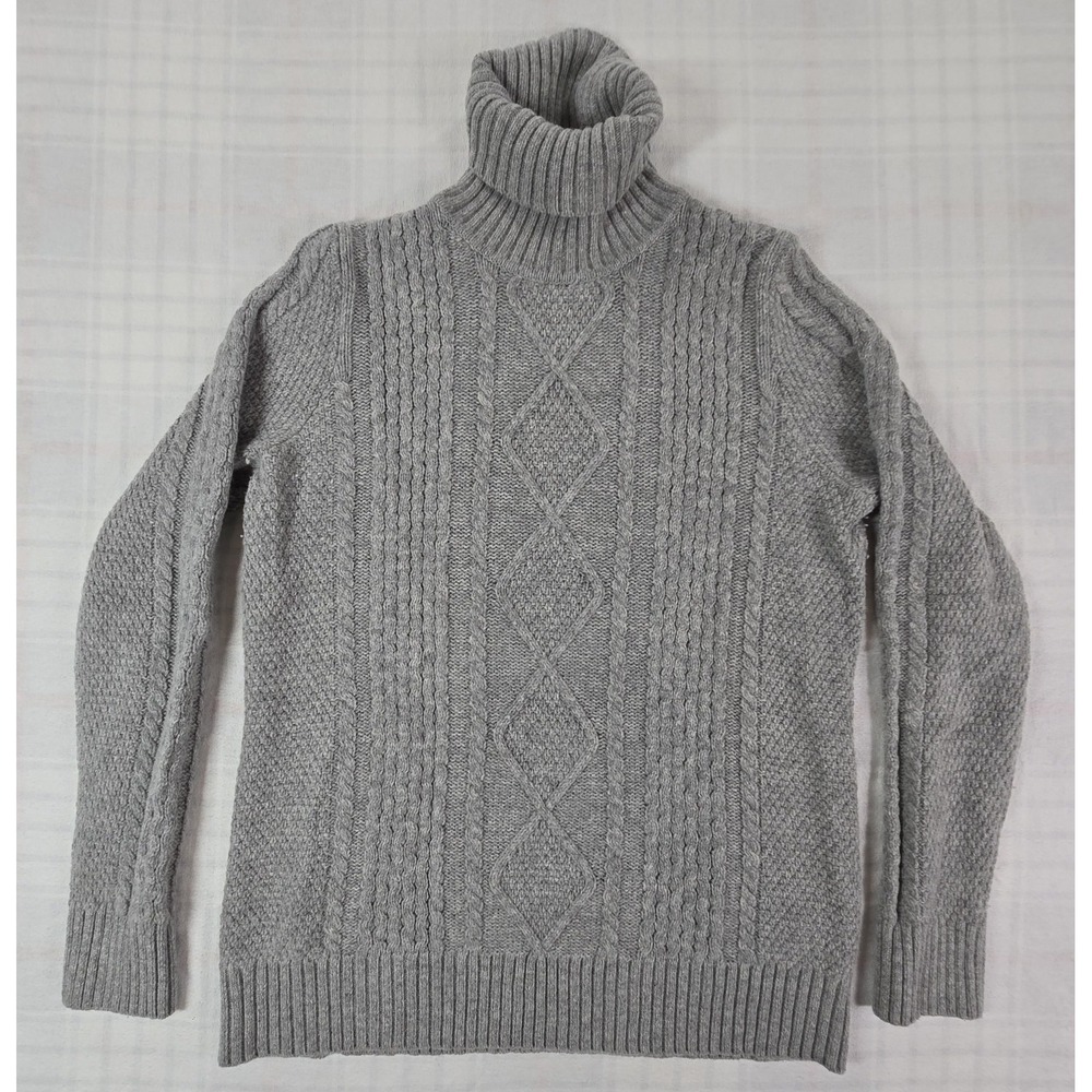 LL Bean Womens Chunky Cable Knit Wool Blend Sweater Turtleneck Fisherman Gray L